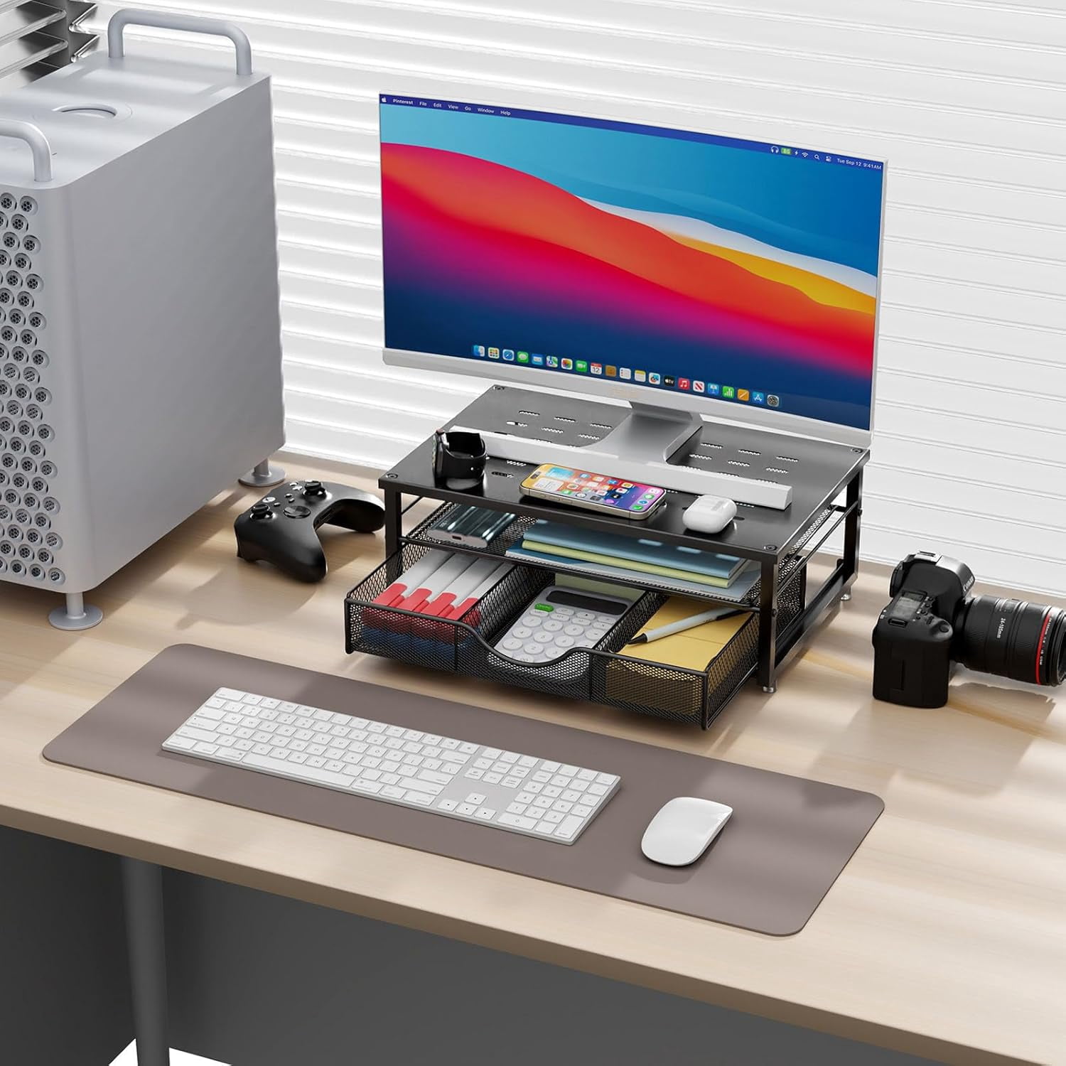 Computer Monitor Stand Riser, Desk Organizers and Accessories with Drawer, Office Desk Accessories & Workspace Desktop Organizers Storage for Printer Stand (Black)