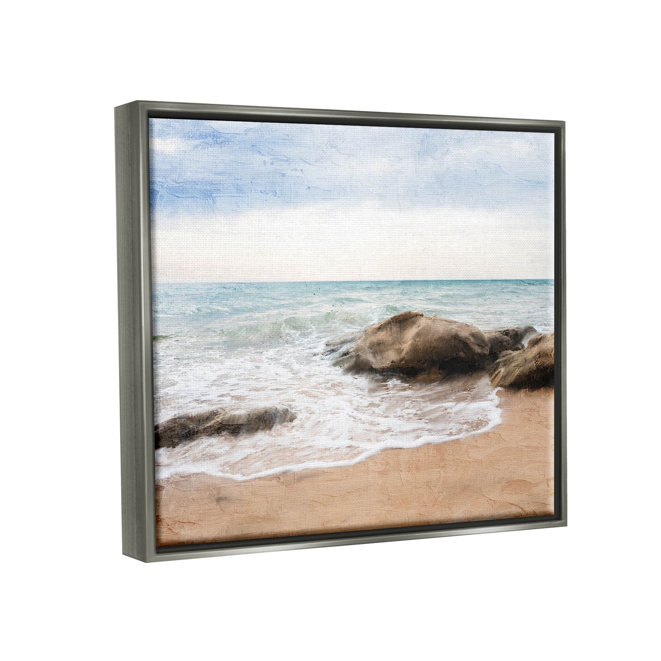 Stupell Industries Rocky Crashing Beach Waves Graphic Art Luster Gray Floating Framed Canvas Print Wall Art, Design by Ann Bailey