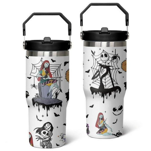 30oz Halloween Nightmare Before Tumbler with Handle Lid and Straw, Christmas Jack Skeleton Cup, Halloween Tumblers Gifts for Women Girls Men Adults