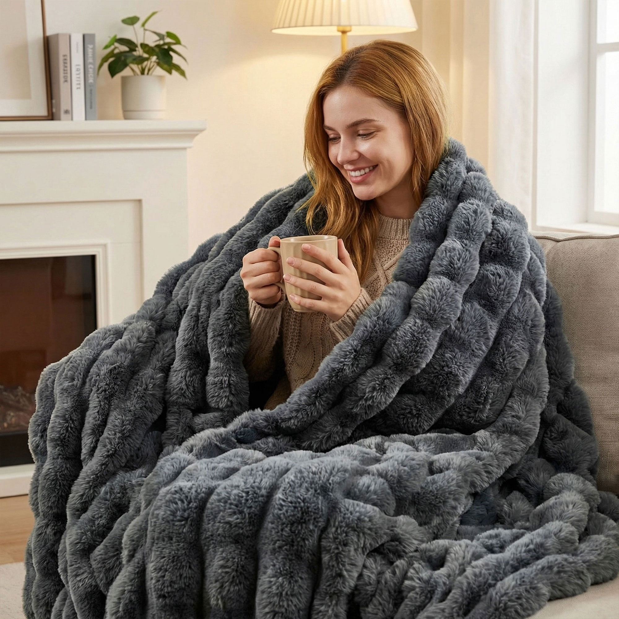 JONIYEAR Large Solid Thick Bubble Faux Rabbit Fur Bed Blanket Queen Size 80" x 90", Decorative Cute Cozy Fluffy Gray Warm Blanket for Winter, Reversible Big Luxe Fuzzy Comfy Shaggy Furry Blanket, Gre