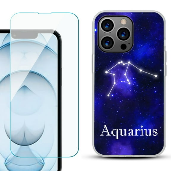 Slim-Fit Gel TPU Phone Case for iPhone 13 Pro Max, with Tempered Glass Screen Protector, by OneToughShield ® - Zodiac / Aquarius