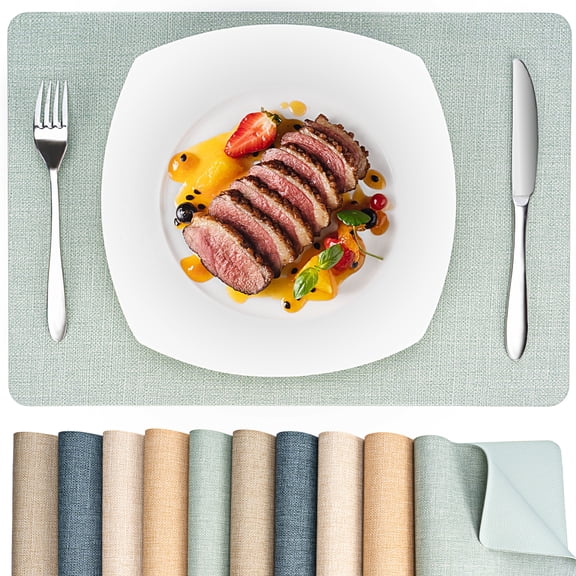 PROMATTOO Faux Leather Vinyl Placemats Set of 6, Reversible Waterproof Wipeable Dining Table Mats,17”x12”,Sage Green