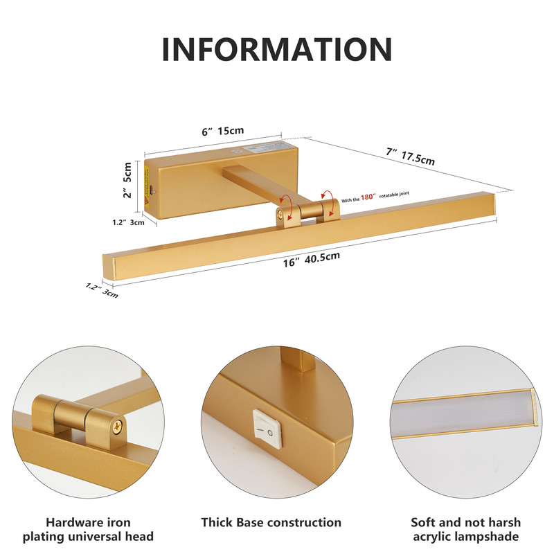 TICOZE 16 Inch Gold Wireless Dimmable LED Bathroom Vanity Light with Remote - Modern Wall Sconce for Over Mirror, 3CCT Adjustable, Battery Powered Fixture for Bathroom, Bedroom, Hallway