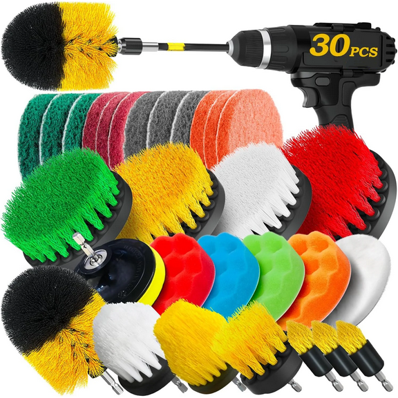 30Pack Drill Brush Attachments Set,Scrub Pads & Sponge, Power Scrubber Brush with Extend Long Attachment All Purpose Clean for Grout, Tiles, Sinks, Car Polishing Pads