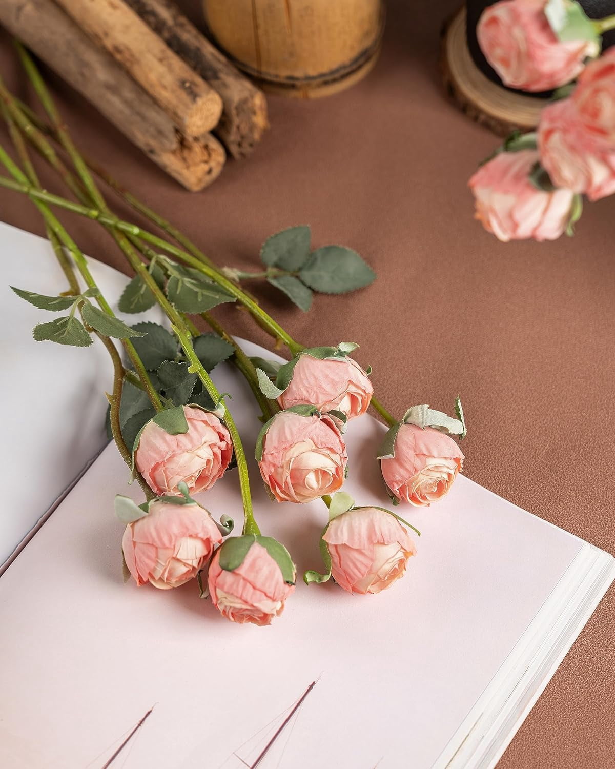24pcs Artificial Vintage Roses Fake Silk Rose Flowers with Long Stem for DIY Bouquets Wedding Centerpiece Party Home Kitchen Decoration(Cream Pink)