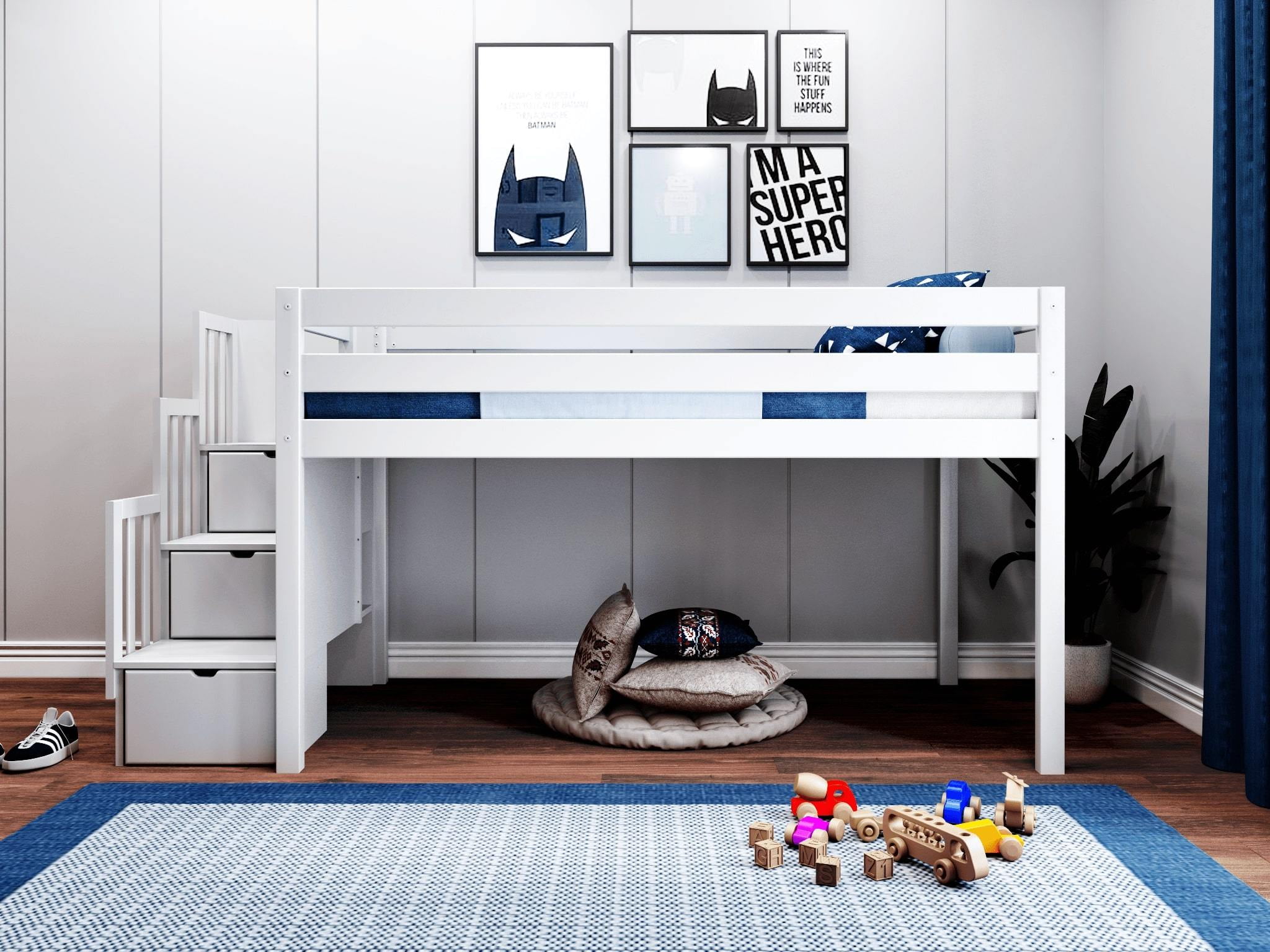 JACKPOT Contemporary Low Loft Twin Bed with a 3 Drawer Stairway