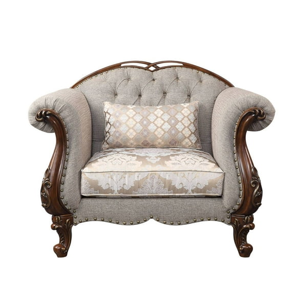 ACME Miyeon Fabric Button Tufted Chair with 1 Pillow in Gray and Cherry