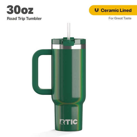 RTIC 30 oz Ceramic Lined Road Trip Tumbler, Leak-Resistant Straw Lid, Pine Tree Glitter