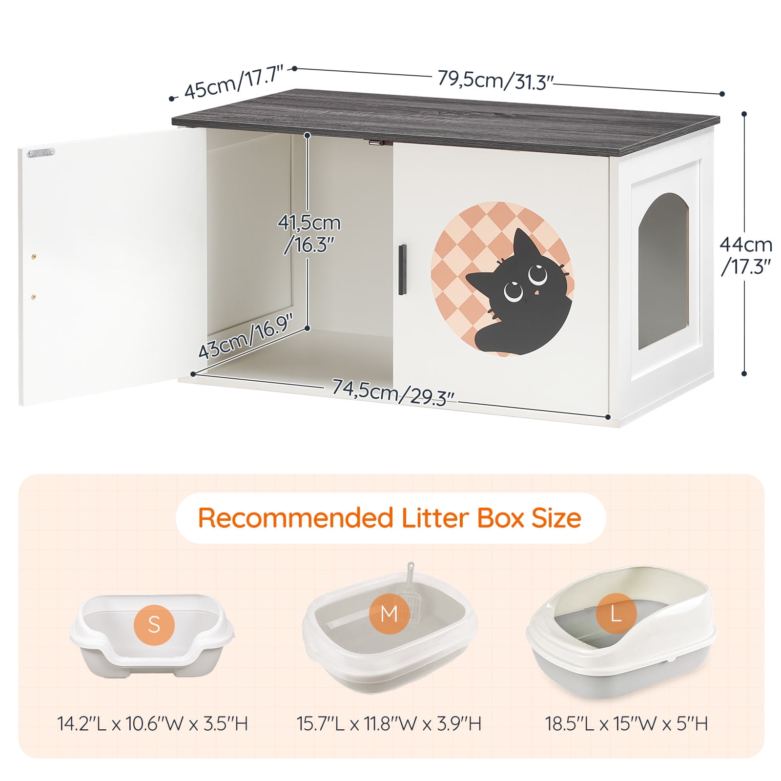 HOOBRO Cat Litter Box Enclosure, Hidden Litter Box Enclosure Furniture with Cute Cat Patterns and Arched Entrance, Litter Box Cabinet, Side Table, for Living Room, White and Charcoal Gray BW08MW01