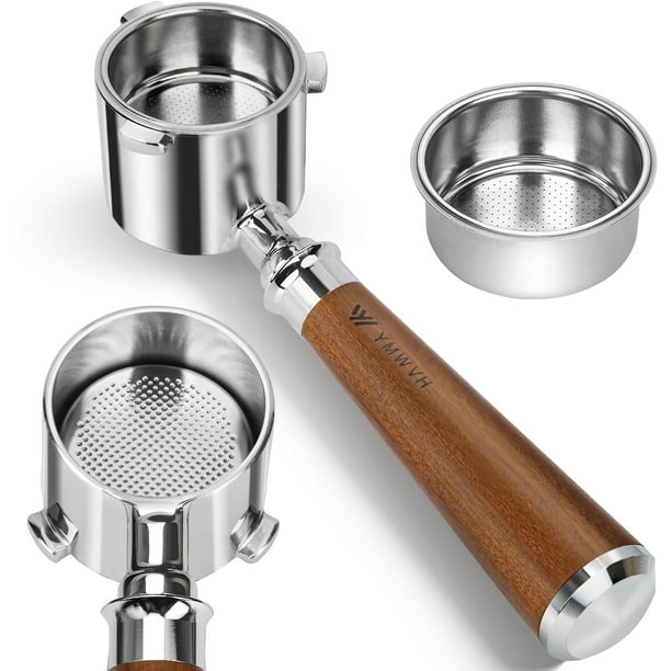 Portafiltro Sin Fondo De 51 Mm 3 Orejas Compatible Con Máquina De Café Espresso De-Longhi La Specialista Ec9335 9155 9355 9665 Cesta De Filtro 100% Acero Inoxidable (2 Tazas) Y Mango De Nogal