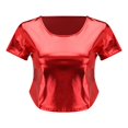 thumbnail image 3 of Prolriy Summer Tops for Women 2024 Women's Solid Color Reflective Shiny Metallic Round Neck Short Sleeve Crop Top T Shirt Womens Tops Red S, 3 of 8