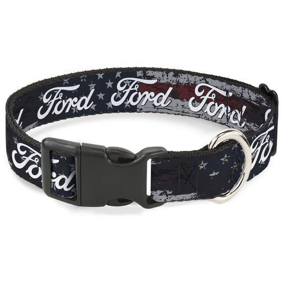 Ford Pet Collar, Dog Collar Plastic Buckle, Ford Script Stars and Stripes Americana Weathered, 7 to 8.5 Inches 0.5 Inch Wide