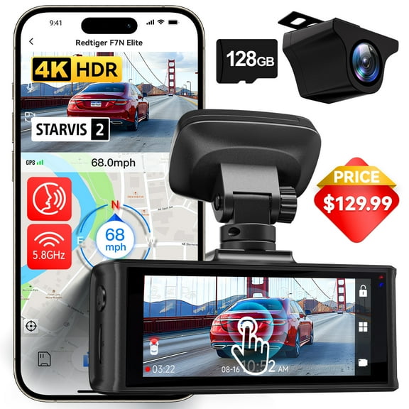 REDTIGER 4K HDR Dash Cam Front and Rear, STARVIS 2 Sensor, Dash Camera with 5.8GHz WiFi GPS, 3.18" Touchscreen, Voice Control, Free 128G Card, WDR, APP Control, 24H Parking Mode