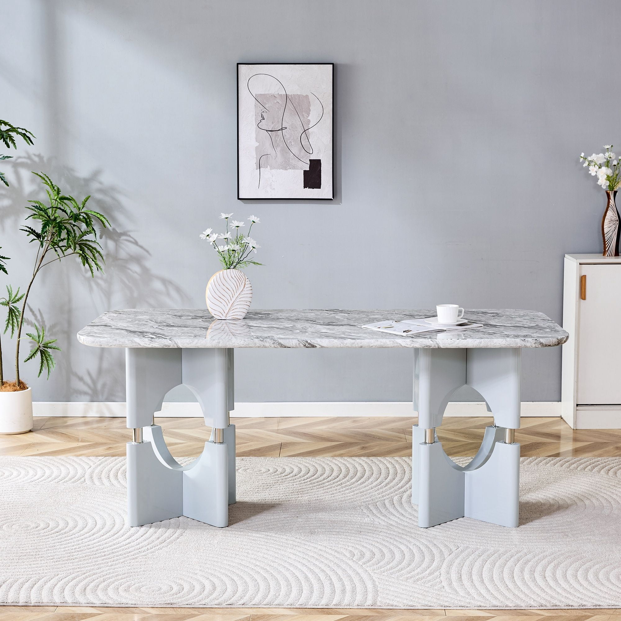 Alvantor 71" Gray Marble Pattern MDF Dining Table with Metal Accents
