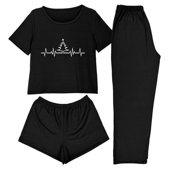 asdoklhq Christmas Pajamas for Women 3PCS Women's Home Casual Pants Short Sleeves Tops and Shorts Pajamas Set Black S