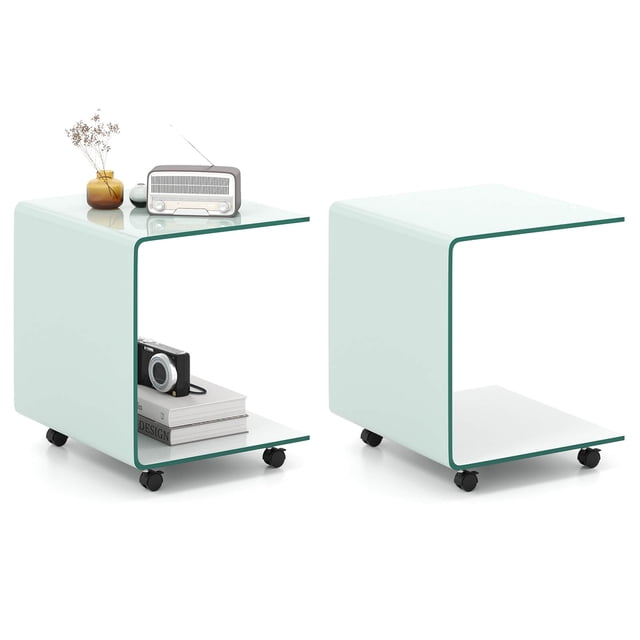 Costway 2 Pcs Table d'Appoint en C avec Tablette à 2 Niveaux, 4 Roues Pivotantes Verrouillables pour Salon Blanc
