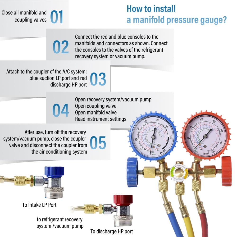 AC Manifold Gauge Set, 3 Way Car HVAC R134a R404a Refrigerant Charging Tool Kit, with 3FT Hose Quick Coupler Adapter Can Tap Case, for Auto Air Conditioner Freon Diagnostic Test and Recharge