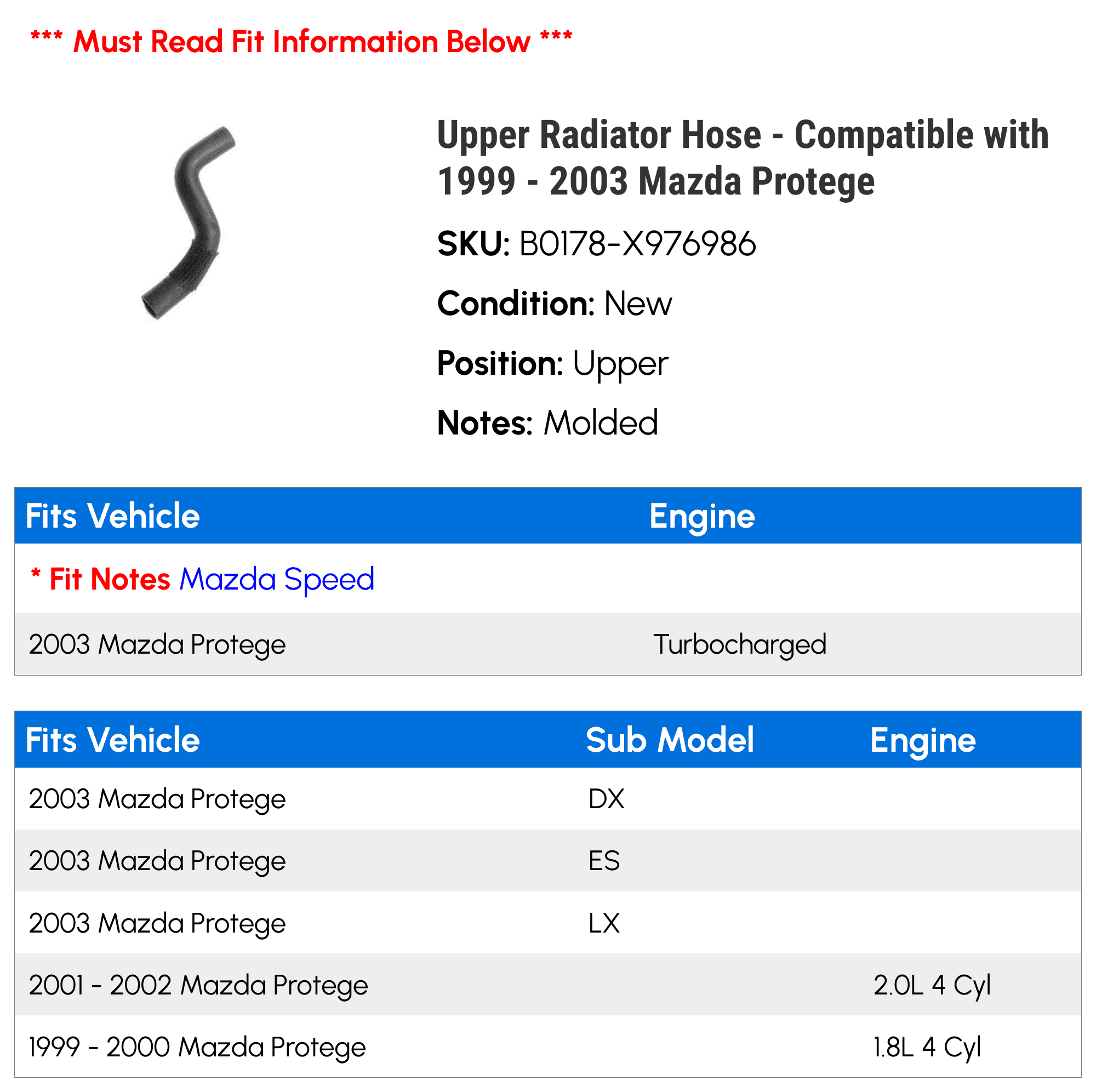 Upper Radiator Hose - Compatible with 1999 - 2003 Mazda Protege 2000 2001 2002