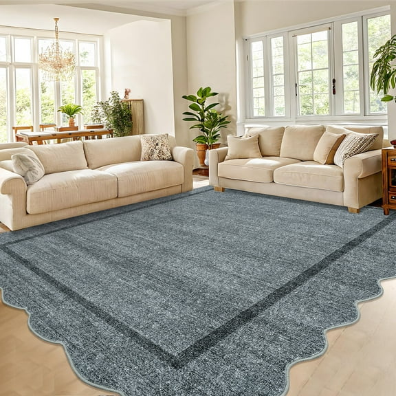 Washable Modern Scalloped Rug with Non-Slip Backing, Stain-Resistant Ultra-Soft Neutral Floor Carpet, Easy to Clean, for Living Room and Dining Room