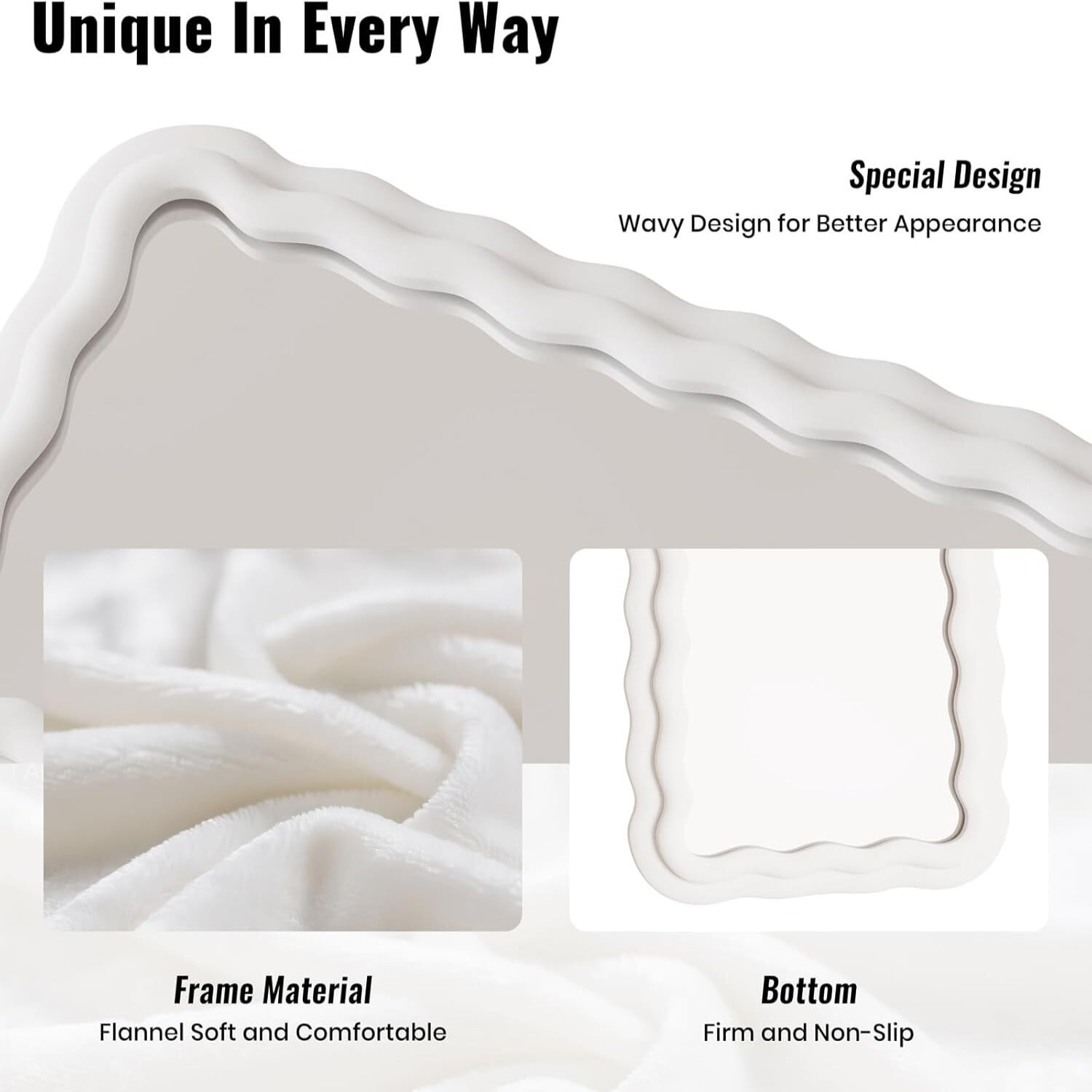 Easy4Home 63"x24" Rectangular Full Length Mirror with Wavy Flannel Frame Freestanding Decorative Round Edge Floor Mirror, White