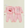 thumbnail image 3 of Qmyliery Toddler Baby Girl Fall Outfits Goose/Bow Cherry Embroidered Striped Long Sleeve Tops with Pants 2 Pcs Set, 3 of 9