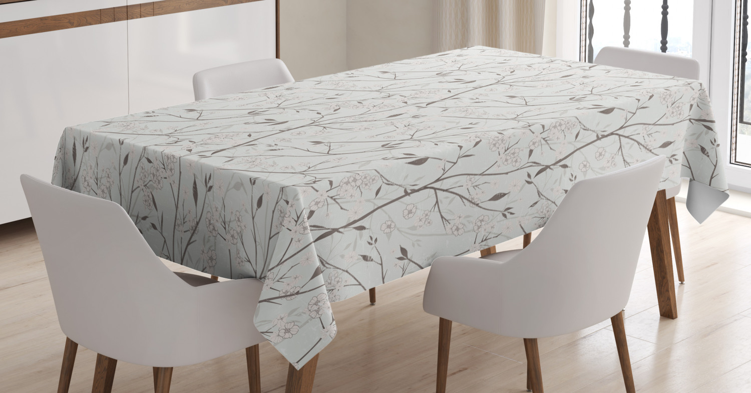 Grey and Mint Tablecloth, Rustic Branches with White Buds Purity of