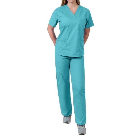 Medgear Womens Scrubs Set V-Neck Top and Drawstring Pant Medical Uniform