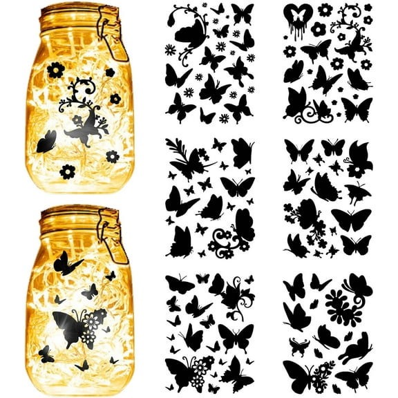 12 Sheets 6 Styles Butterfly Mason Jar Decals Flowers Stickers Die Cuts Silhouettes Self-Adhesive PVC Waterproof for Craft Scrapbook Lantern Jars Wall Window Glass Phones Black 7.8x5.9Inch