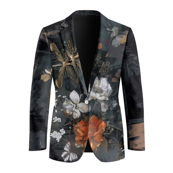 POLERO Vintage Dragonfly Peony Print Men's Sport Coats 70s 80s Dress Wedding Blazer Jacket Slim Fit Lightweight Sportcoat One Button Suit Jacket