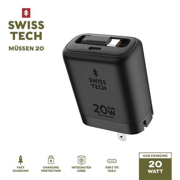 Swiss Tech Mussen 20W USB-C Wall Charger with Retractable Cable, Fast PD Charging