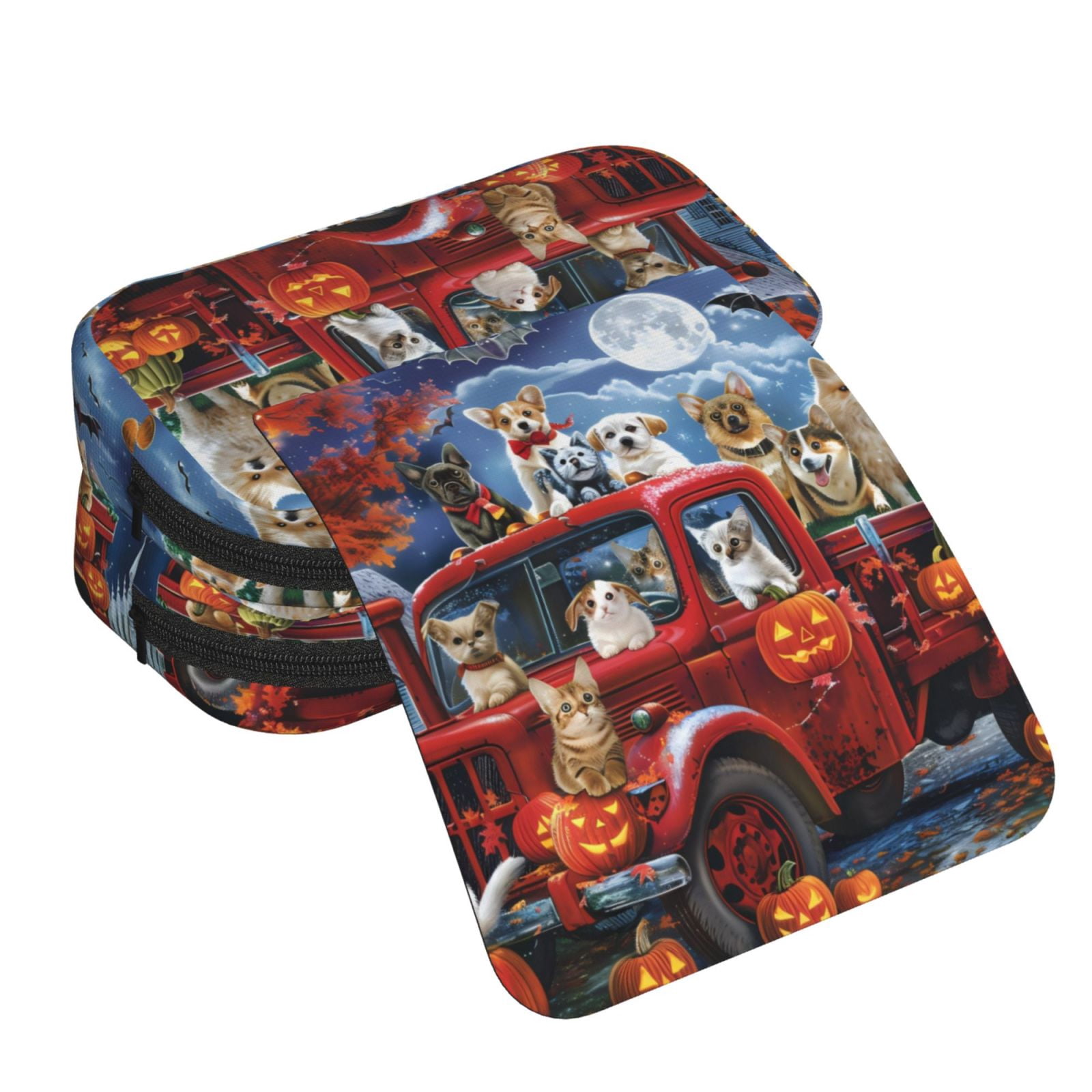 Rateoe Halloween Pets Pumpkins Pattern Double Clamshell Pen Case, Storage Organizer with Two Zipper Compartments– Holds Up to 50 Pencils & Pens