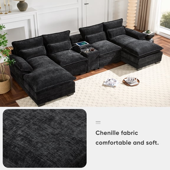 GARITIN 123 x 55 Inch Modern U-Shaped Sectional Sofa with Console, Cup Holders & USB Charger, 6 Seat Chenille Cloud Couch with Chaise for Living Room, Black