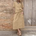 thumbnail image 3 of YuXingFu Womens Dresses with Pockets Maxi Crew Neck Plus Size Womens Dress Short Sleeve for Beach Long Casual Summer Khaki L, 3 of 6