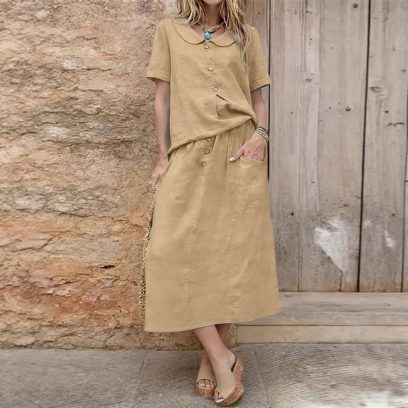 AUNVITO Women's Short Sleeve Two Piece Set Pure Color Top and Skirt Casual and Comfortable Cotton Outfit