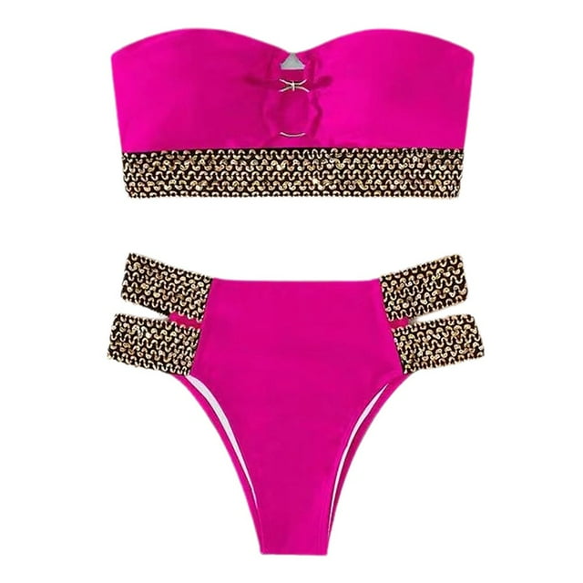 2Pcs/Set Ring Connection Off Shoulder Bikini Set Bandeau Bra High Waist Briefs Swimwear Beachwear