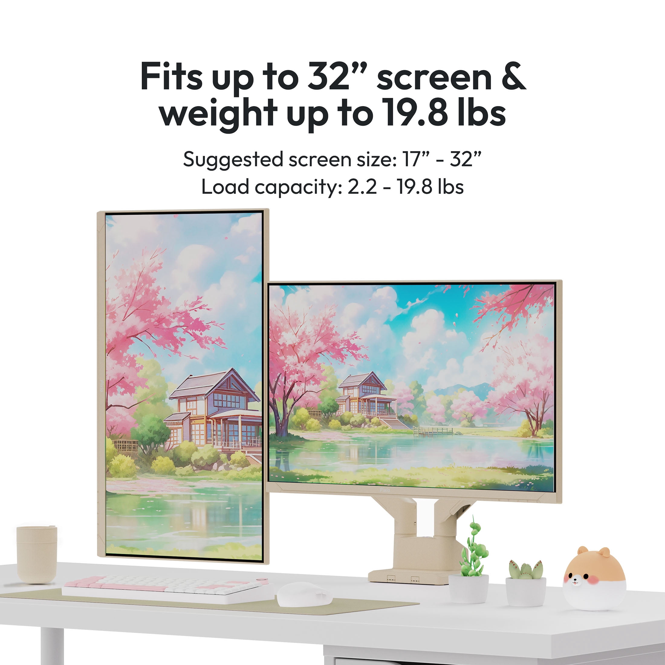 Pixio PS1D Wave Beige Dual Monitor Arm Stand Desk Mount - Fits up to 32 inches Monitors and up to 19.8lbs. VESA Compatibility and Integrated Cable Management