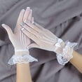 thumbnail image 3 of Visland 1 Pair Women Prom Gloves See-through Lace Bow Rhinestone Decor Hollow Out Fishnet Ruffle Edge Thin Full Finger Performances Bride Wedding Glove, 3 of 8