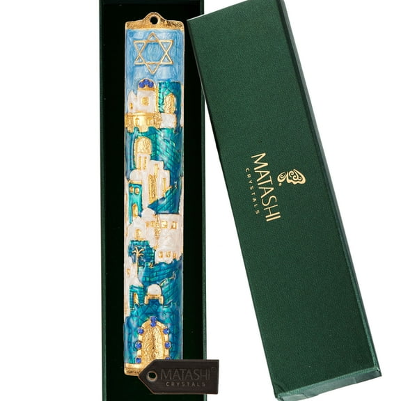 Matashi Hand Painted 5.5" Blue and Ivory Enamel Jerusalem Cityscape Mezuzah Embellished w/ a Star of David and fine