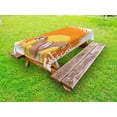 thumbnail image 1 of Sloth Outdoor Tablecloth, Lazy Female Cartoon Sloth on Sofa Napping on Couch Dreaming Mascot Speech Bubble, Decorative Washable Fabric Picnic Table Cloth, 58 X 84 Inches,Orange Yellow, by Ambesonne, 1 of 2