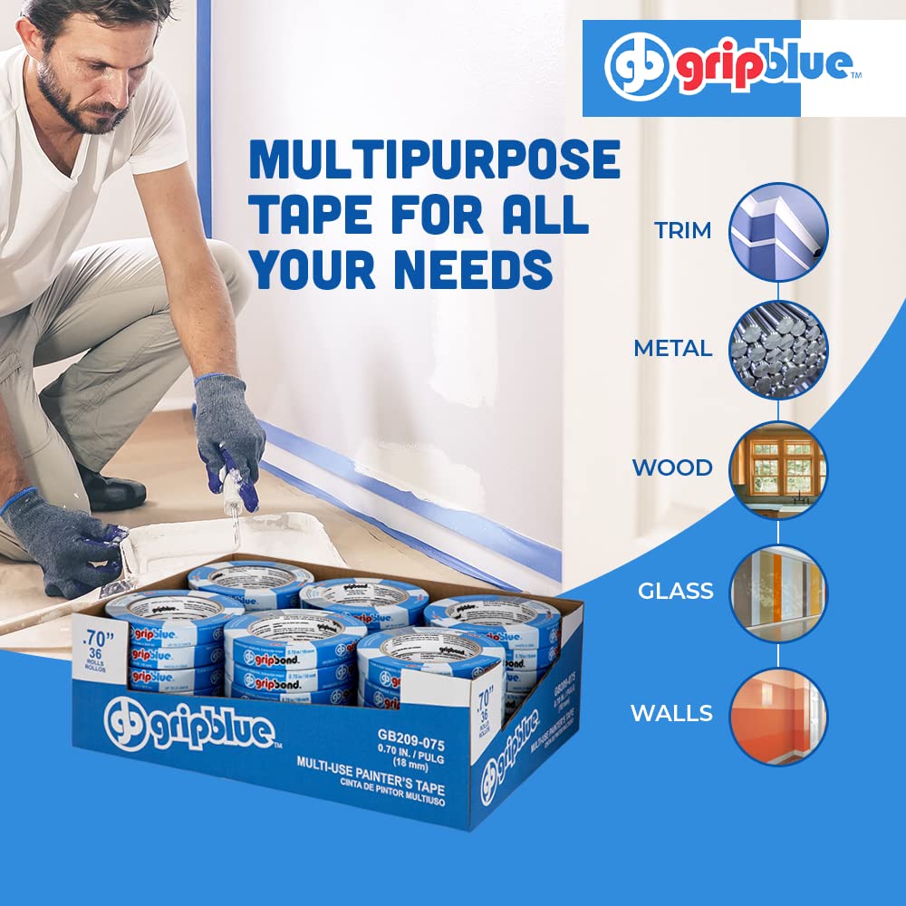 GripBlue Painters Tape 3/4 Inch Wide, 36 Rolls Multi-Surface Masking Tape, 0.70in x 60yds