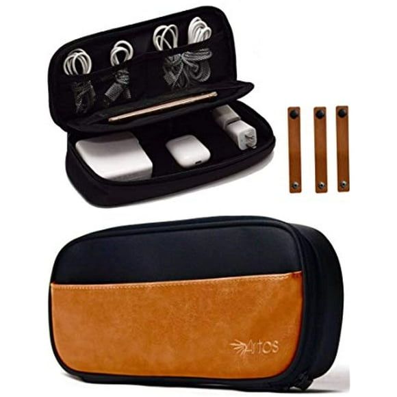 Pu Leather & Canvas Electronics Organizer Case Accessories Bag W/ 3 Leather Cable Straps | Tech, Gadget Zipper Pouch| for Cord, Phone, Tablet, Laptop Chargers, Power Bank