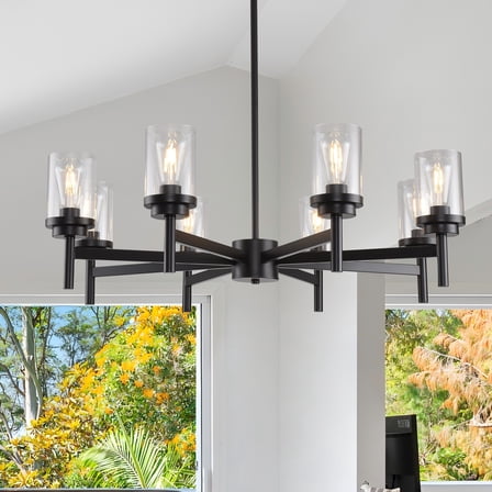 Modern Black Farmhouse Chandelier with Clear Glass Shades - Adjustable 8-Light for Kitchen Island, Dining Room, Foyer