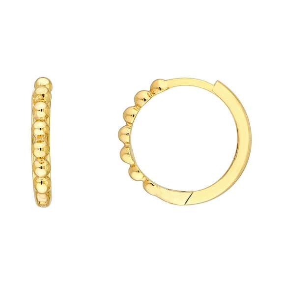 Honey Crush Real 14K Yellow Gold Polished Beaded Huggie Earrings (2.1mm, 14mm)