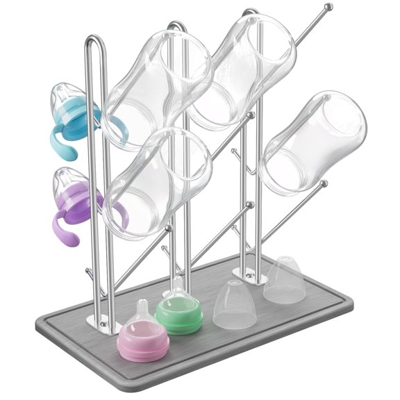 NiHome Baby Bottle Drying Rack with Diatomite Base & Stainless Steel Frame, Foldable Countertop Organizer Holds 9 Bottles, Space-Saving Stand for Water Bottles, Lids, Reusable Bags & More