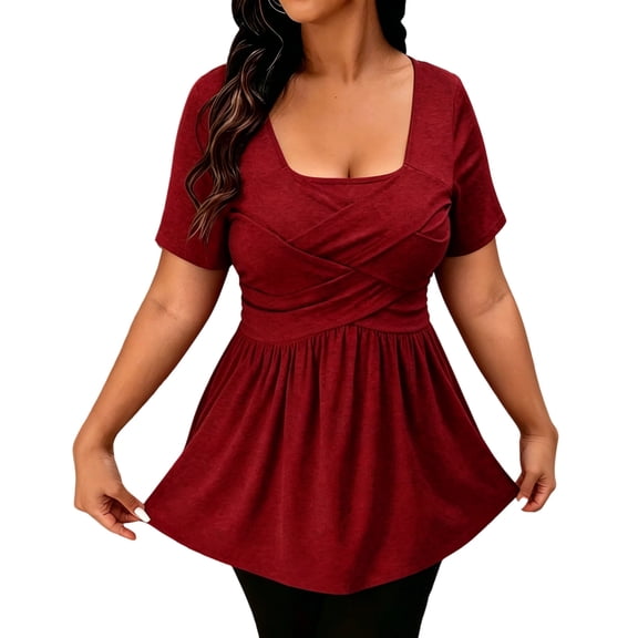 XYAIYT Womens Summer Short Sleeve Tunics Square Neck Casual Top with Chest Cross Strap Fashion Solid Color Blouses