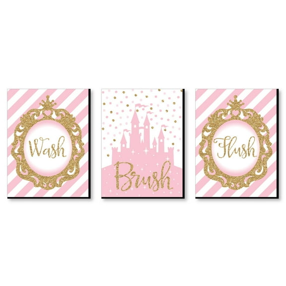 Big Dot of Happiness Little Princess Crown - Kids Bathroom Rules Wall Art - 7.5 x 10 inches - Set of 3 Signs - Wash, Brush, Flush
