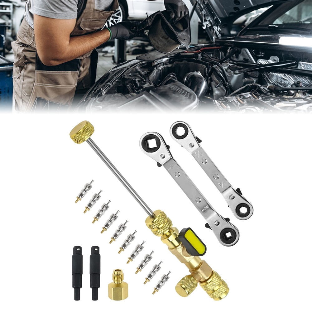 Valve Core Remover Installer Tool HVAC Service Wrench Set with Hex Bit Adapters