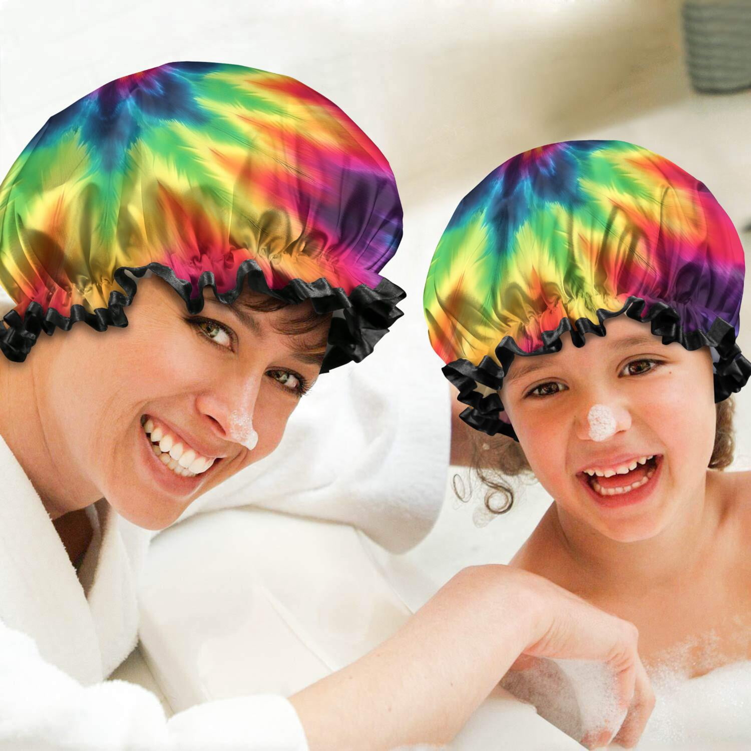 Shower Caps,Rainbow Tie Dye Mandala Pattern Waterproof Shower Cap for Women 4 Pieces,Double Reusable Hair Cover for Shower PEVA Elastic Stretch Hem