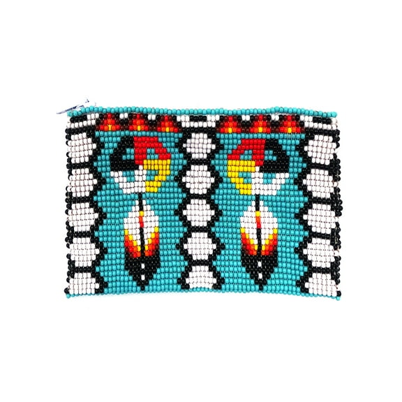 Native Inspired Medicine Wheel Feather Czech Glass Seed Beaded Coin Purse Zipper Pouch - Womens Fashion Handmade Bags Tribal Travel Accessories