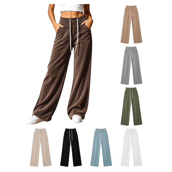 Zynoxe Women's High Waisted Pants Elastic Waistband Drawstring Lounge Pants Comfy Corduroy Wide Leg Pants for Women Fashionable Solid Color Casual Trousers with Side Pockets